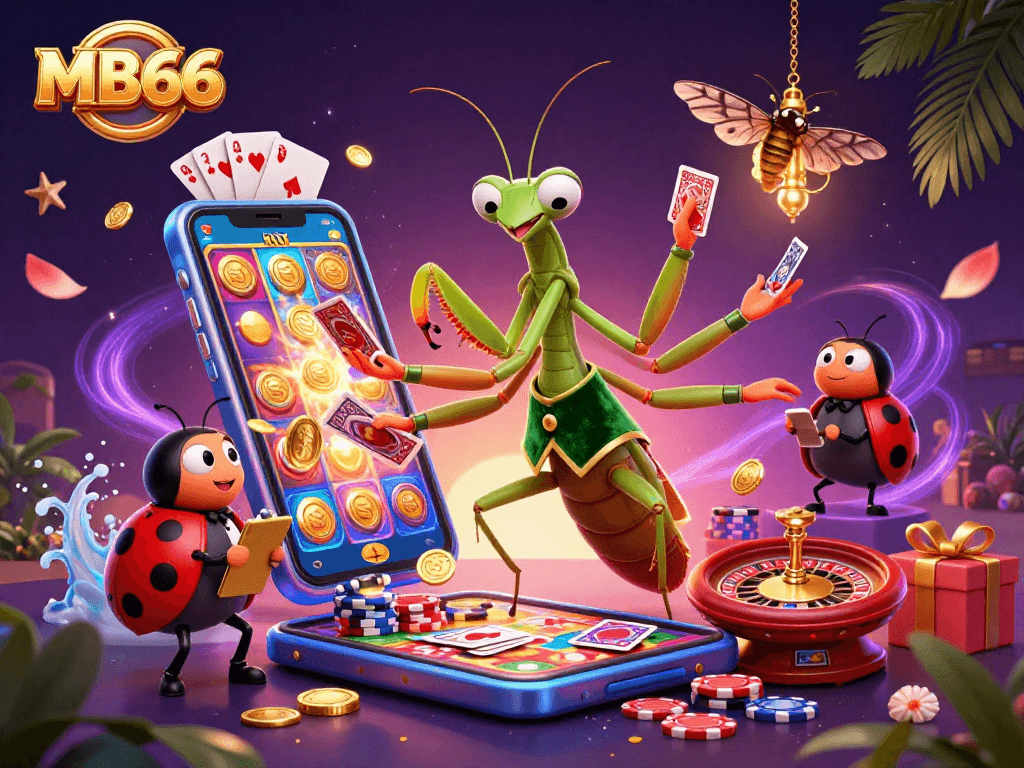 Engage in thrilling casino fun with MB66 featuring a lively praying mantis card sharp and ladybug pit boss.