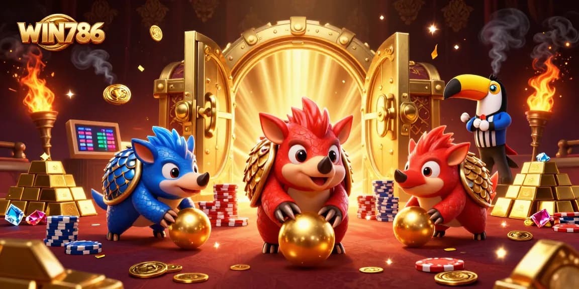 Experience the excitement of WIN786 with our 3D pangolin characters engaging in a thrilling gaming environment.