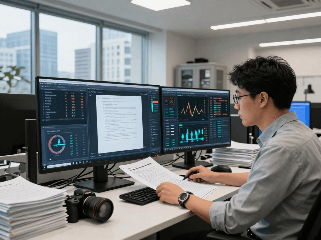 Professional analyzing document fraud detection metrics in a high-tech office setting.