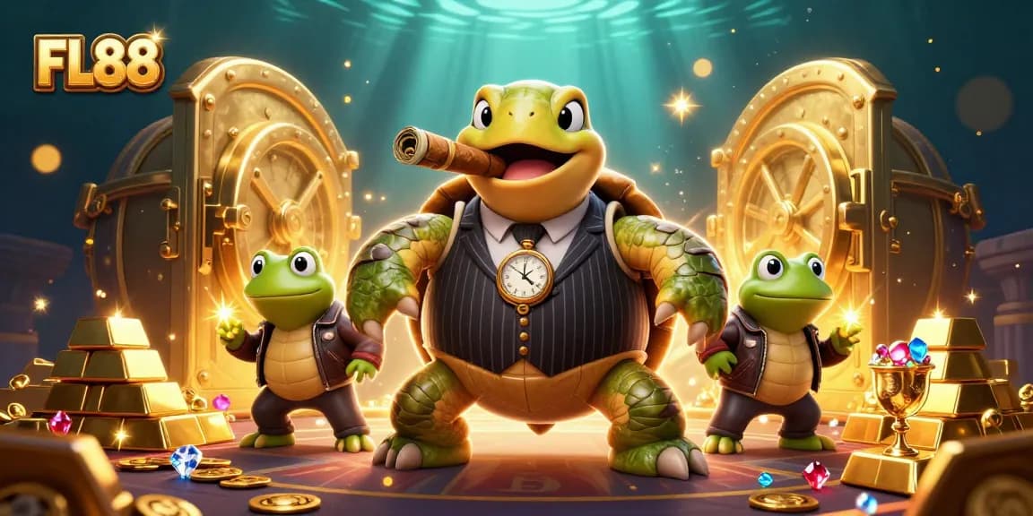 Engage with FL88's vibrant casino scene featuring a mobster turtle and bullfrog enforcers.