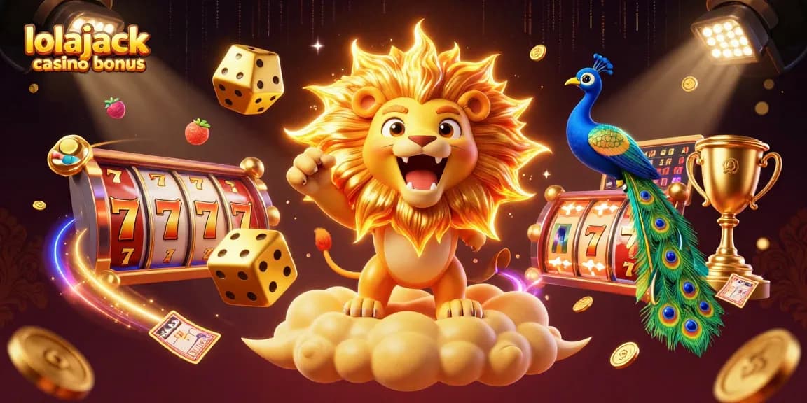 Experience the thrill of the lolajack casino bonus with a roaring lion amidst dynamic casino elements.