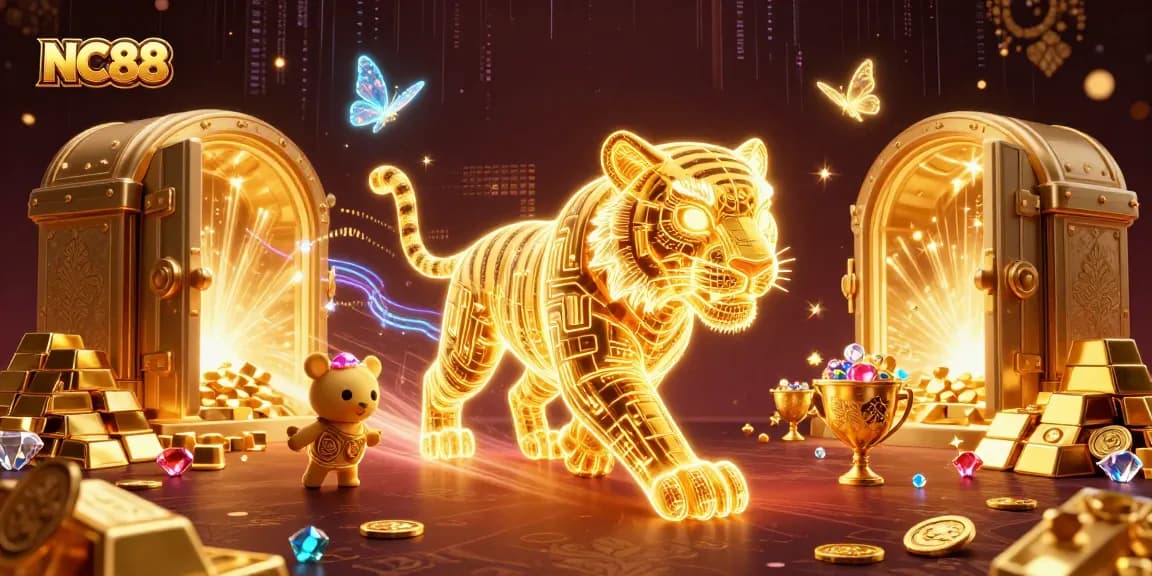 Engage in the vibrant NC88 digital casino adventure featuring a neon tiger and dazzling treasures.