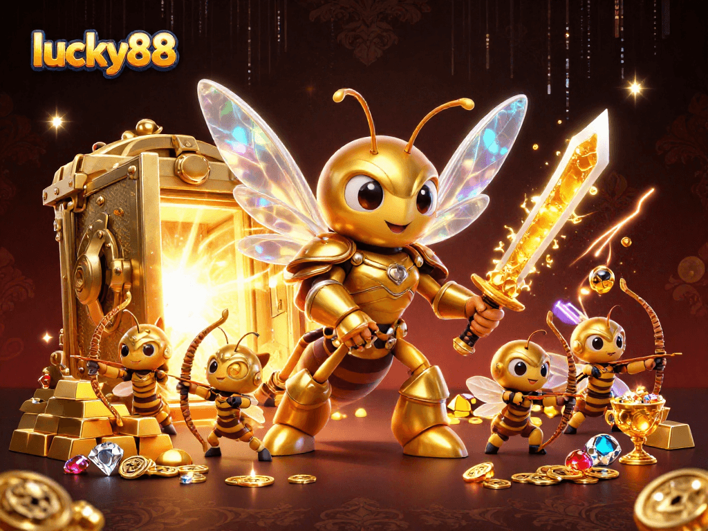 Engage with lucky88 for betting fun with a vibrant 3D illustration of a golden hornet and treasure