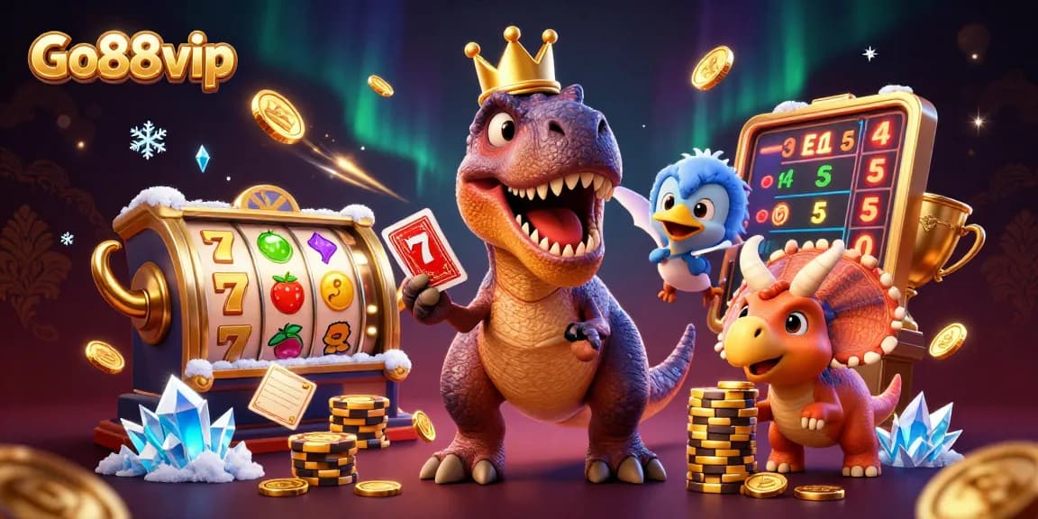 Experience exciting gaming adventures at Go88vip with slot reels and cheerful dinosaurs.
