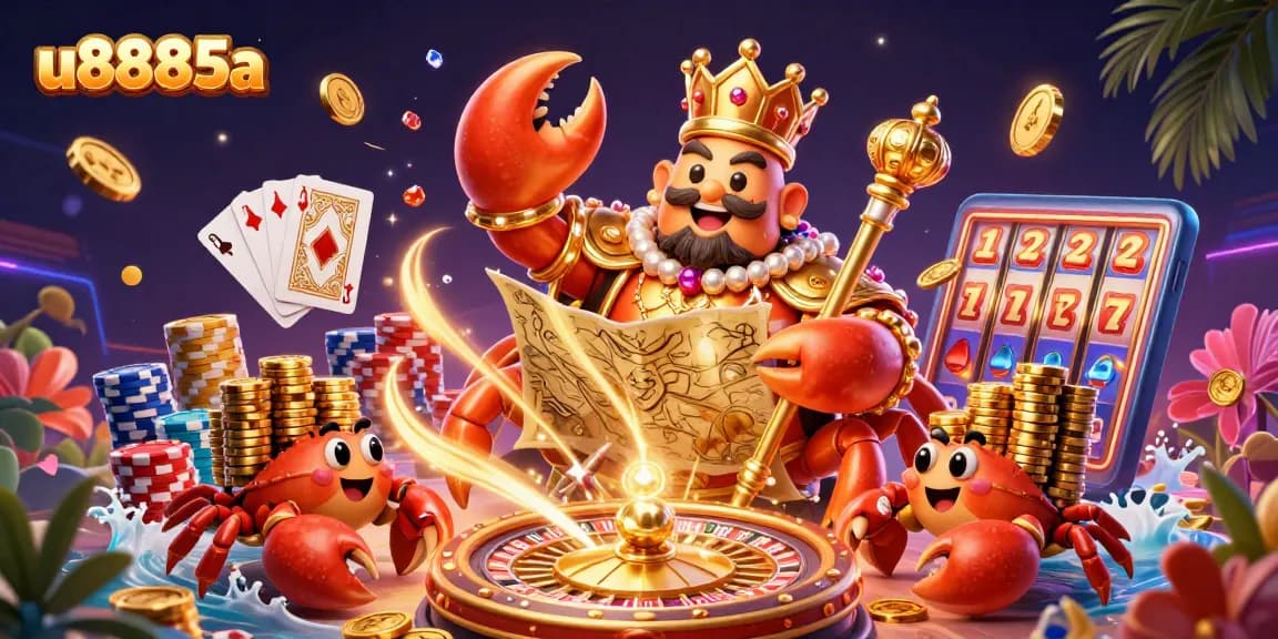Experience thrilling adventures with u8885a's massive golden crab emperor in a vibrant casino scene.