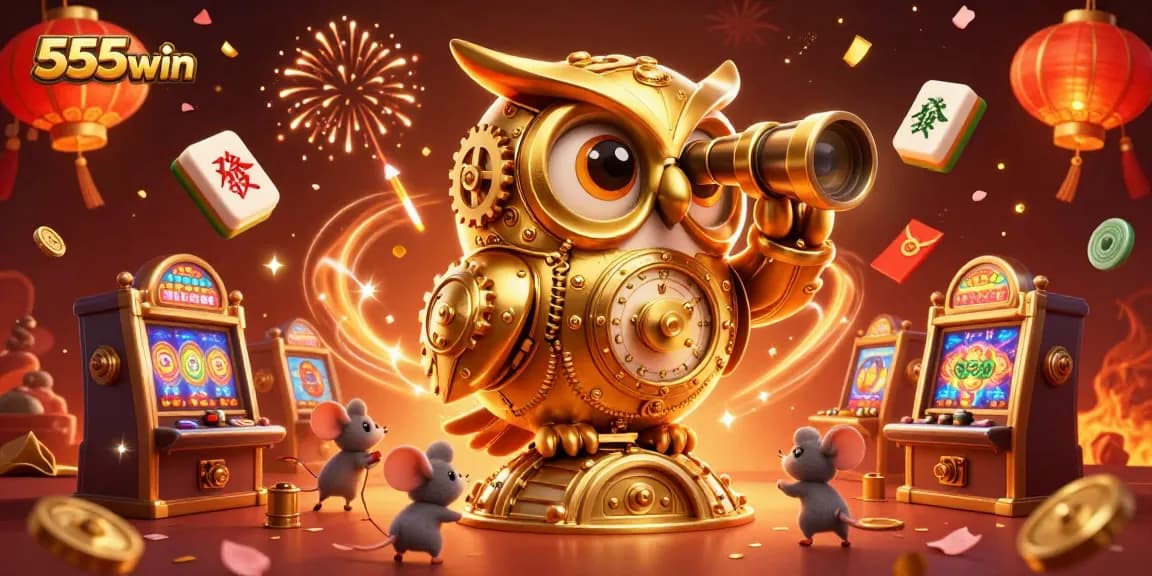 Experience vibrant gaming at 555win with a dynamic casino scene featuring a golden owl and animated motifs.