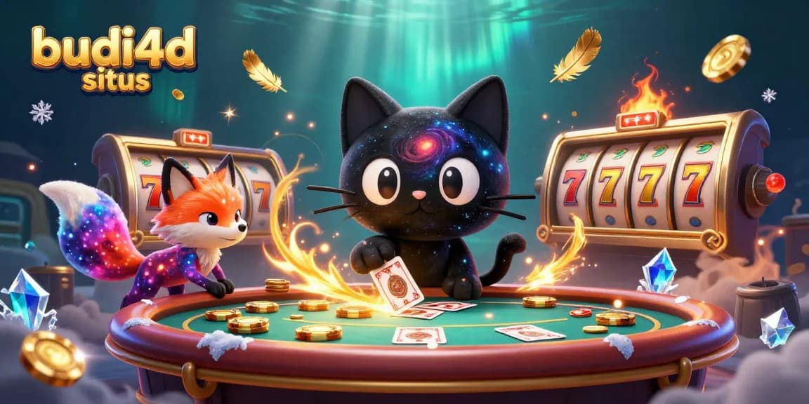 Engage with the vibrant budi4d situs casino scene featuring a whimsical black hole cat and nebula fox.