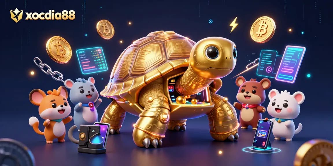 Xocdia88 shows a colossal golden tortoise pinball machine surrounded by excited animals and vibrant crypto elements.