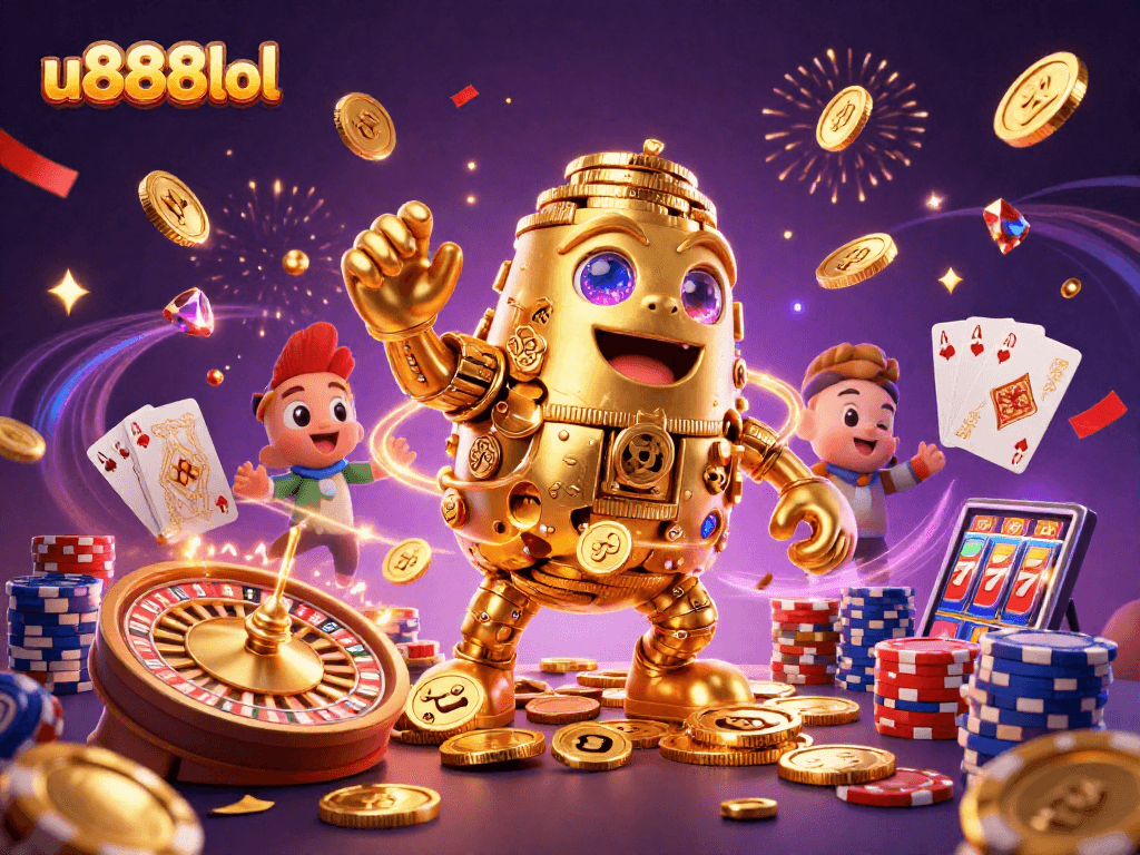 Experience thrilling gameplay with u888lol, featuring a golden golem amidst dynamic casino elements.