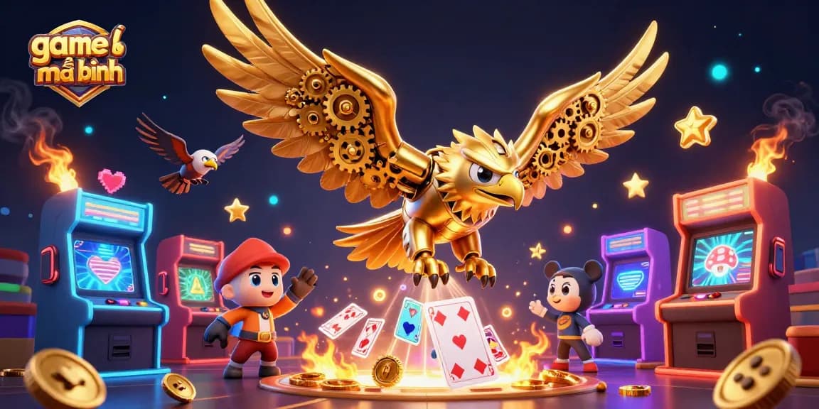 Dive into the thrilling game bài mậu binh with a cybernetic eagle amidst colorful casino elements, showcasing intense gaming action.