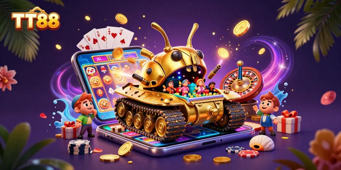 Engage with TT88's dynamic golden casino tank and exciting games in a vibrant 3D scene.