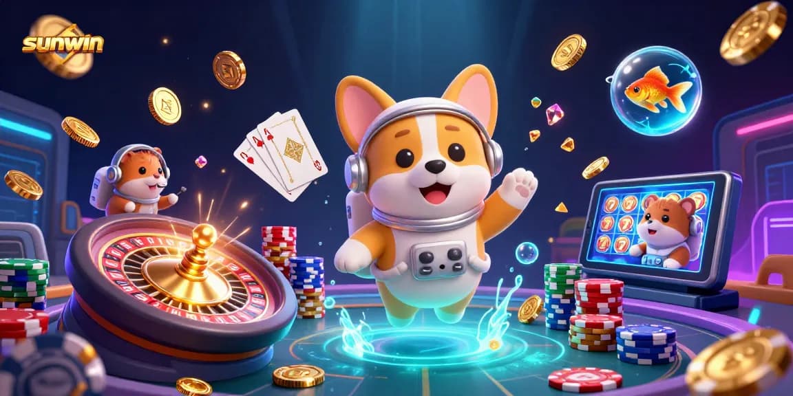 Experience the excitement of sunwin's casino with a floating astronaut corgi amidst sparkling games.