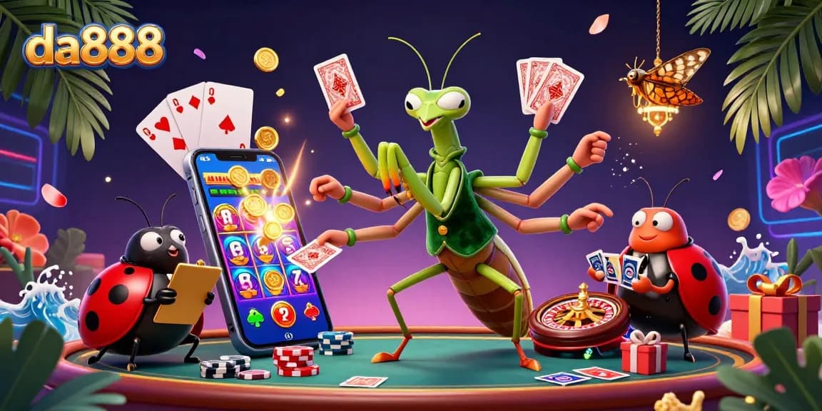 Experience intense online gaming fun with da888 showcased through vibrant casino characters and playful game elements.