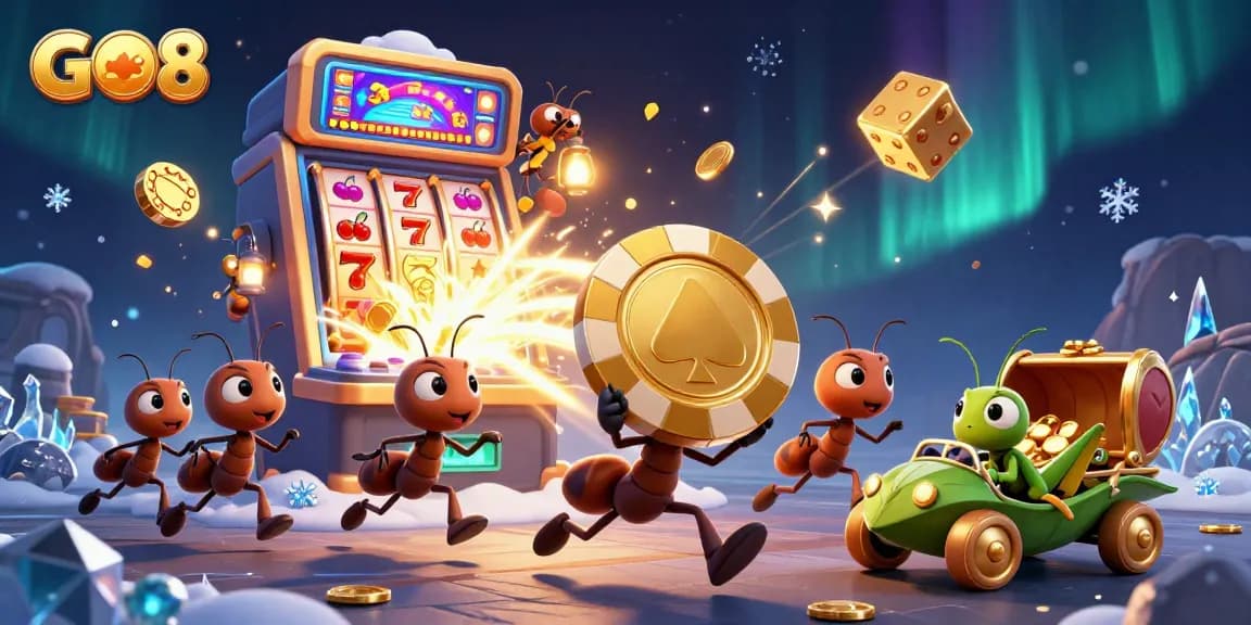GO8 game heist scene with ants, a firefly, and a grasshopper showcasing vibrant casino elements.