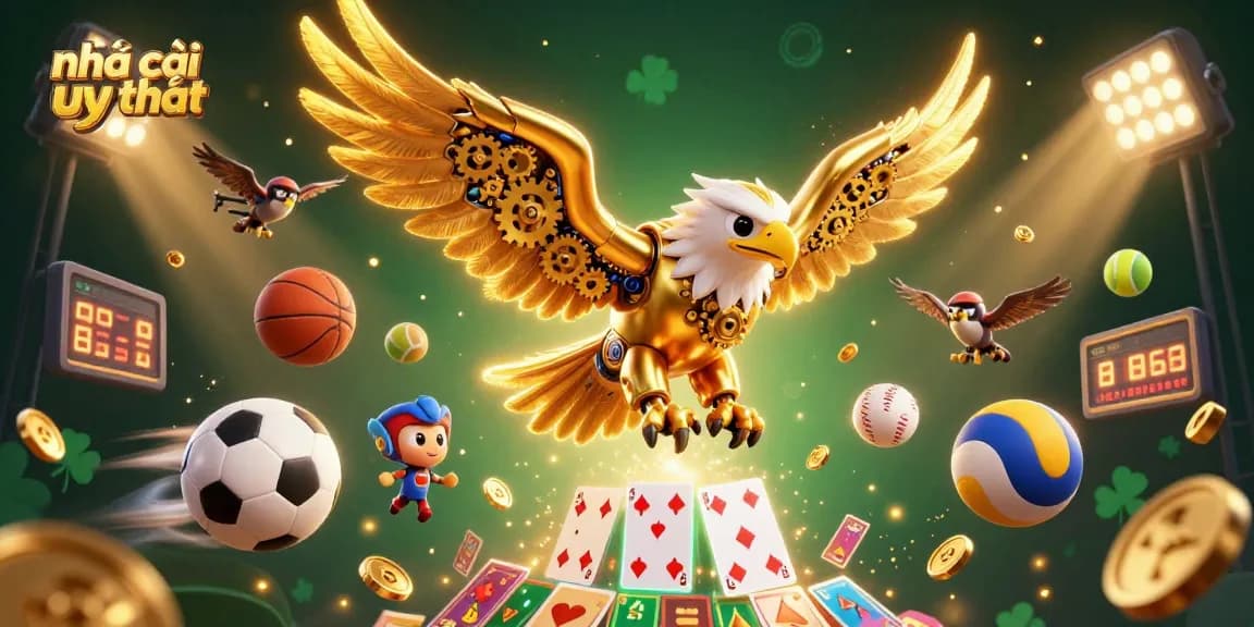 Engaging depiction of a 3D cybernetic golden eagle diving through vibrant holographic cards, showcasing nhà cái uy tín and sports elements.