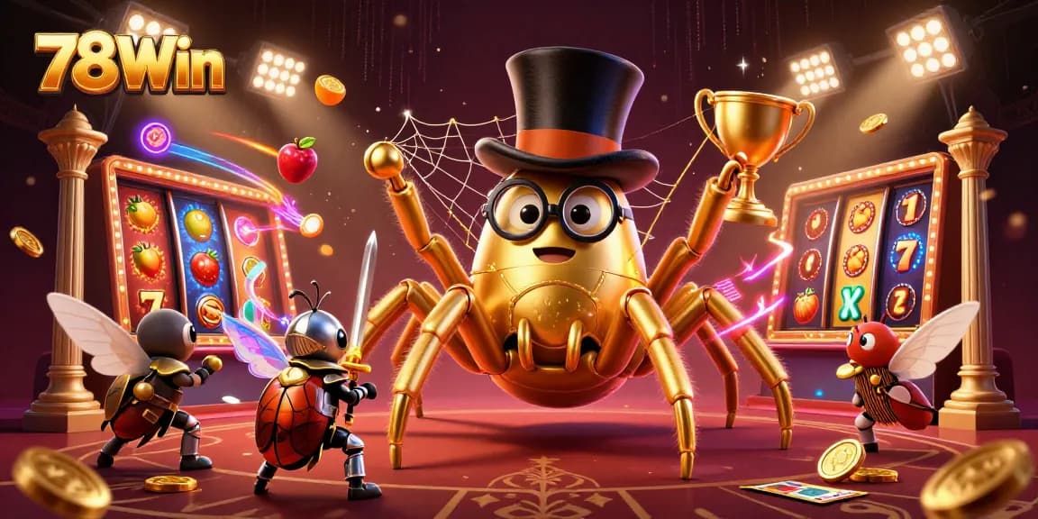 Experience thrilling wins at 78Win with vibrant slot reels and enchanting characters in an immersive casino scene.
