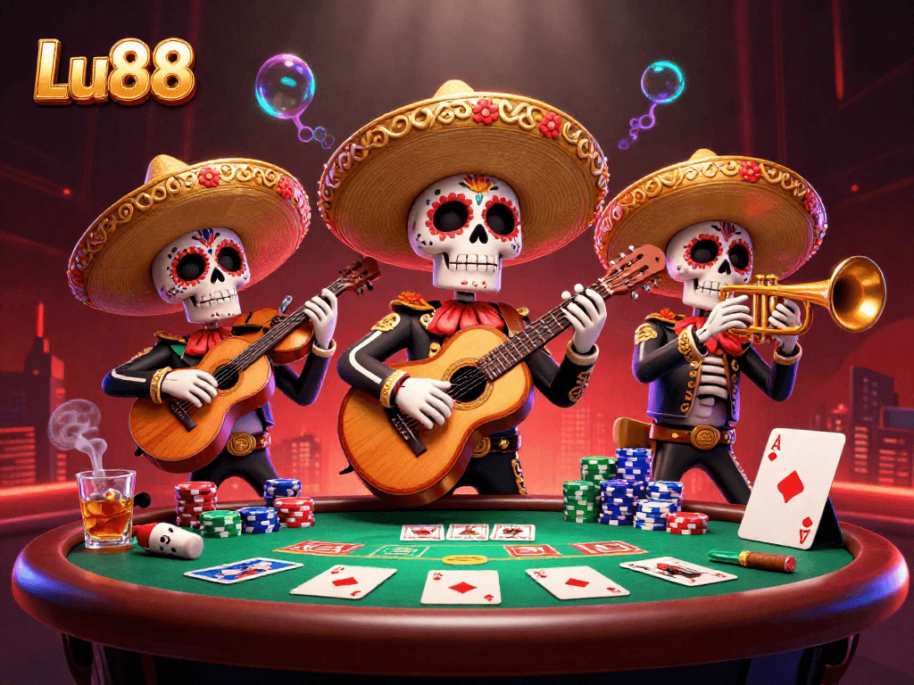 Engage with Lu88's thrilling poker scene featuring vibrant 3D mariachi characters and colorful chips.
