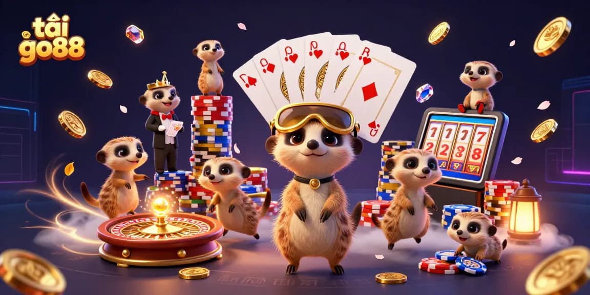 Experience the excitement as you tải go88 and join meerkats in a vibrant casino scene full of chips, coins, and games.