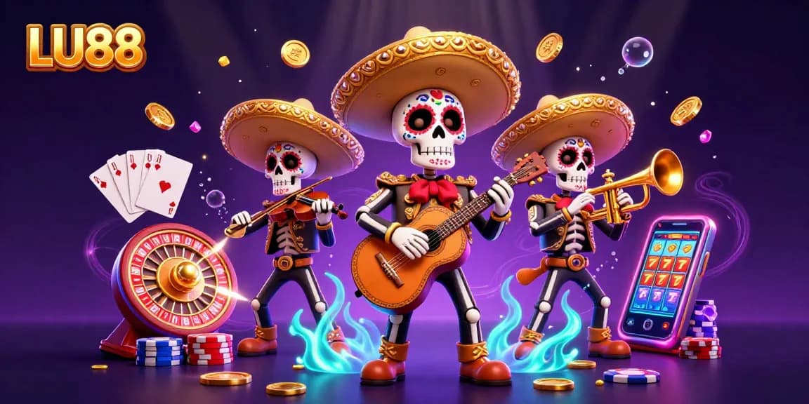 Experience LU88's vibrant gaming culture with a colorful mariachi band celebrating at a dynamic casino scene.