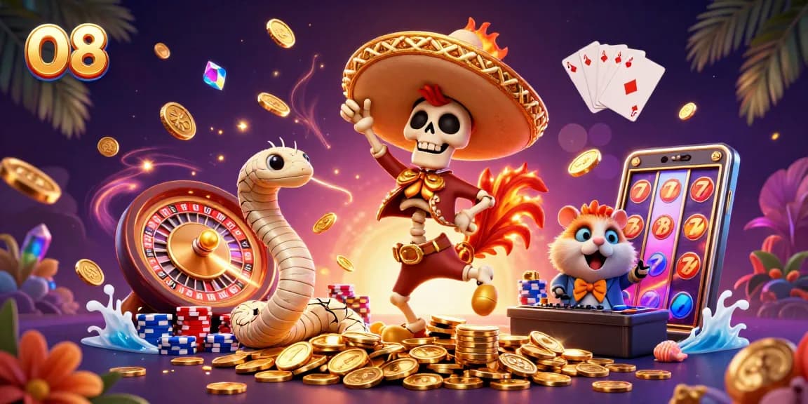 O8 casino features a vibrant scene with a cartoon skeleton mariachi celebrating atop golden coins.
