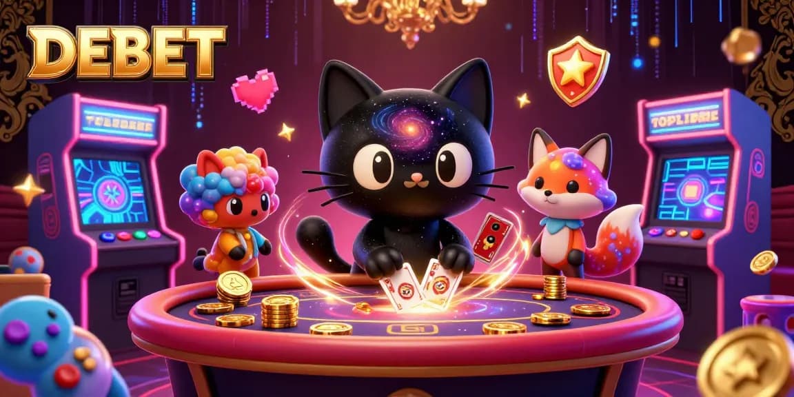 Engage in thrilling gameplay at DEBET casino with a cosmic scene featuring a black hole cat and colorful gas fox.