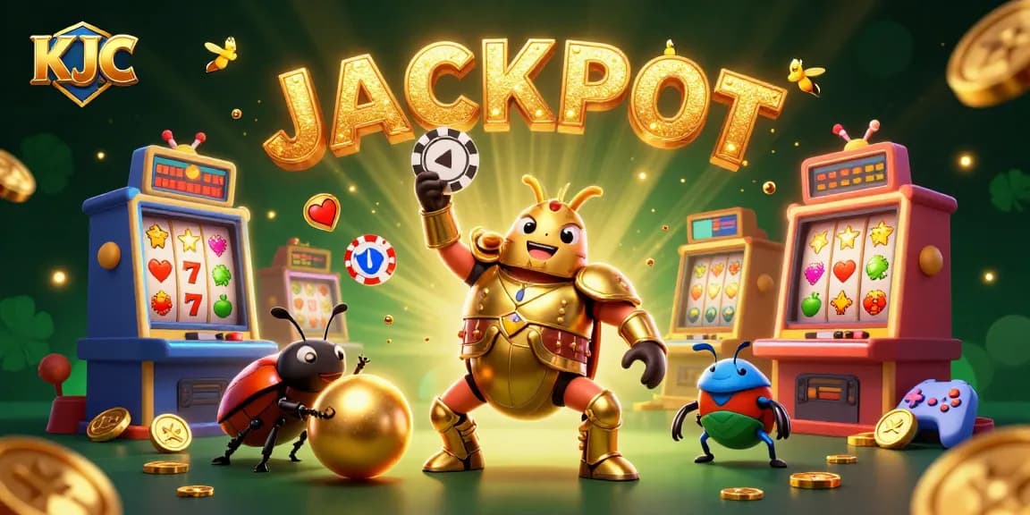 KJC celebrates wins with a victorious beetle and exciting slot machine backdrop, enhancing your gaming experience.