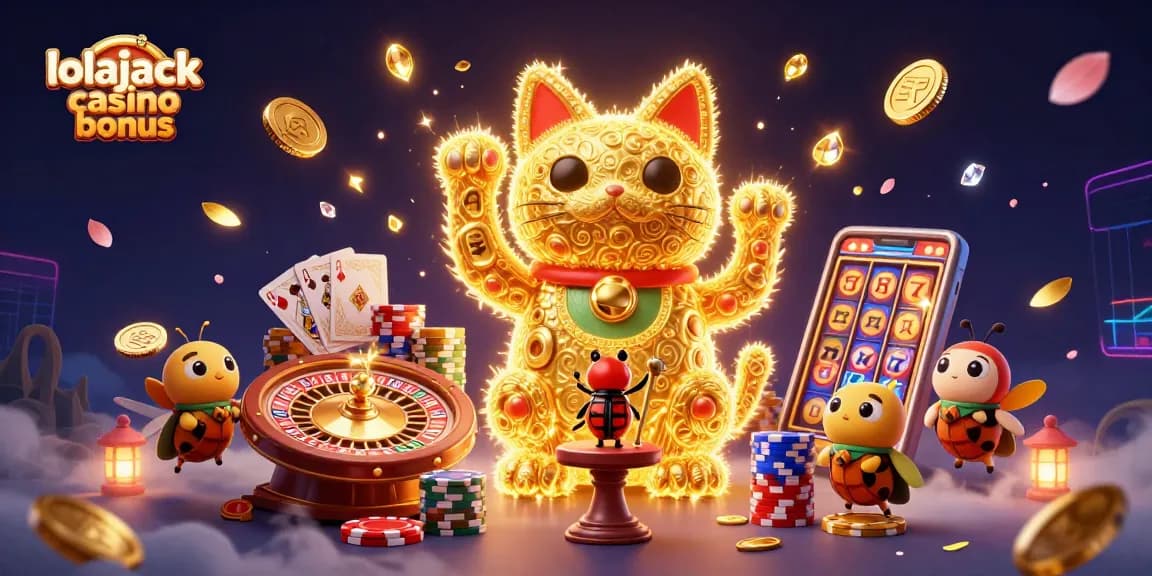 Experience the excitement of the lolajack casino bonus with vibrant illustrations of casino symbols, cards, and shimmering coins.