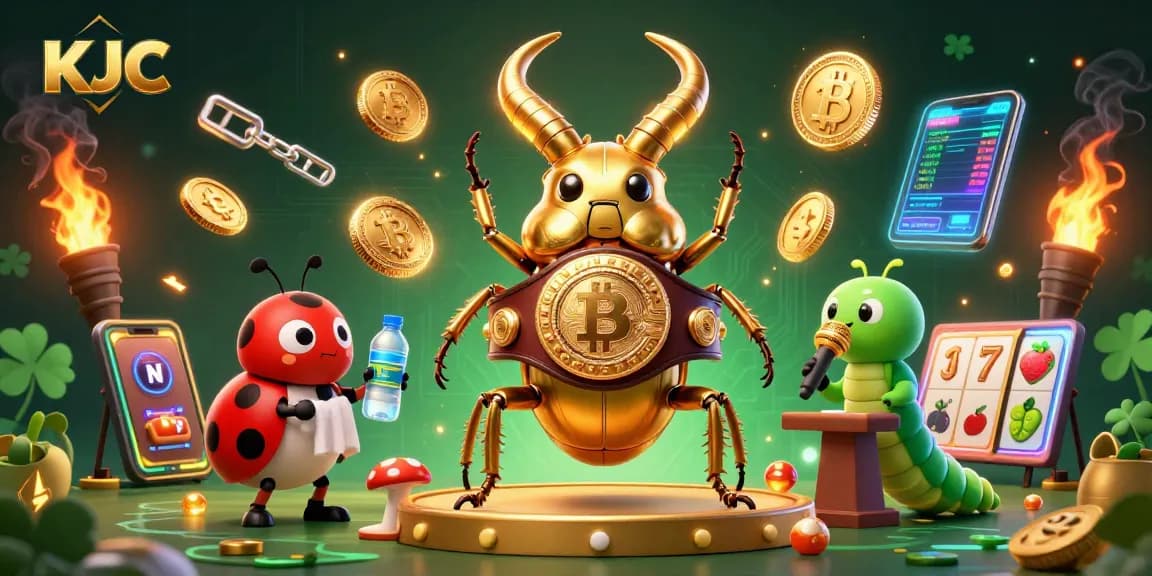 KJC strategies engage players in a vibrant 3D casino world filled with dynamic slot reels and glowing crypto coins.