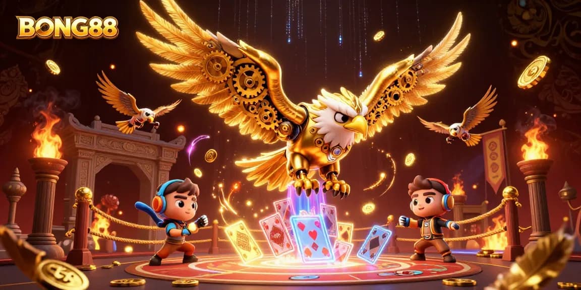 BONG88 showcases a cybernetic golden eagle diving through holographic playing cards, representing thrilling online betting.
