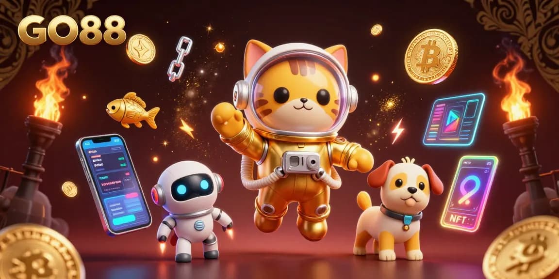 Bet on GO88 with vibrant 3D casino game elements, featuring a floating astronaut cat and alien companions.