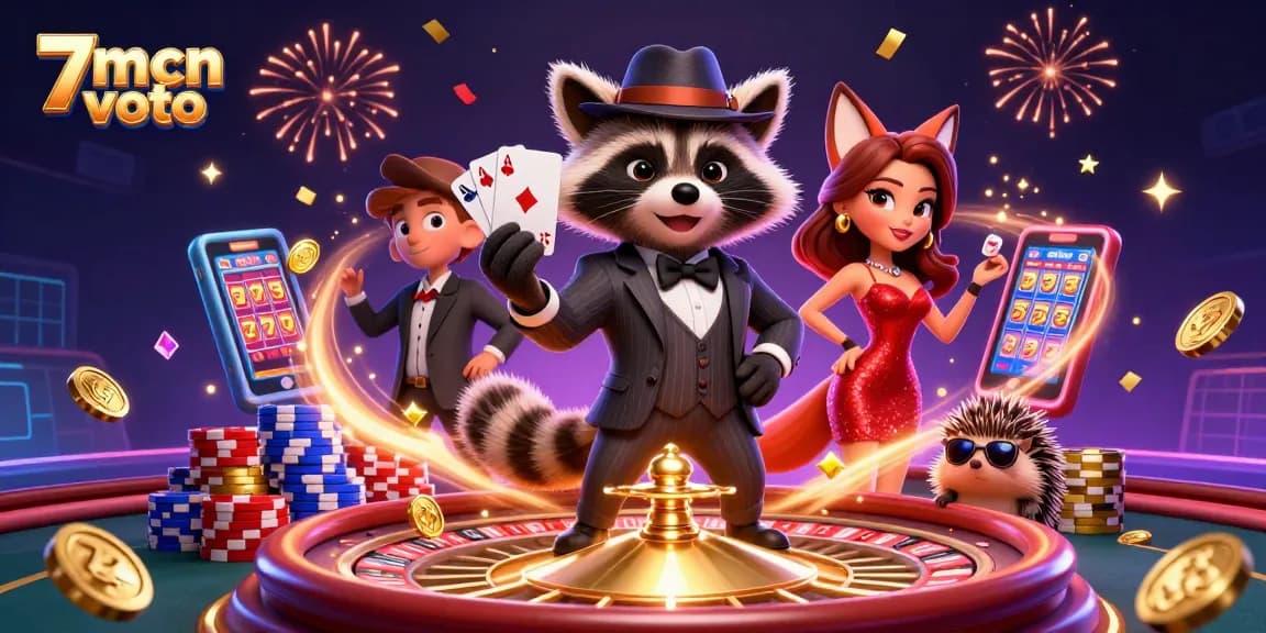 Experience winning with 7mcn voto as a suave raccoon shows a royal flush amid festive casino elements.