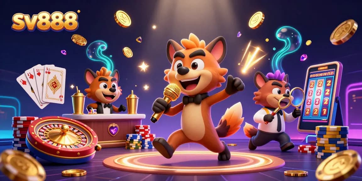 Engage with sv888 by laughing at a hyena stand-up comedian in a vibrant casino setting.