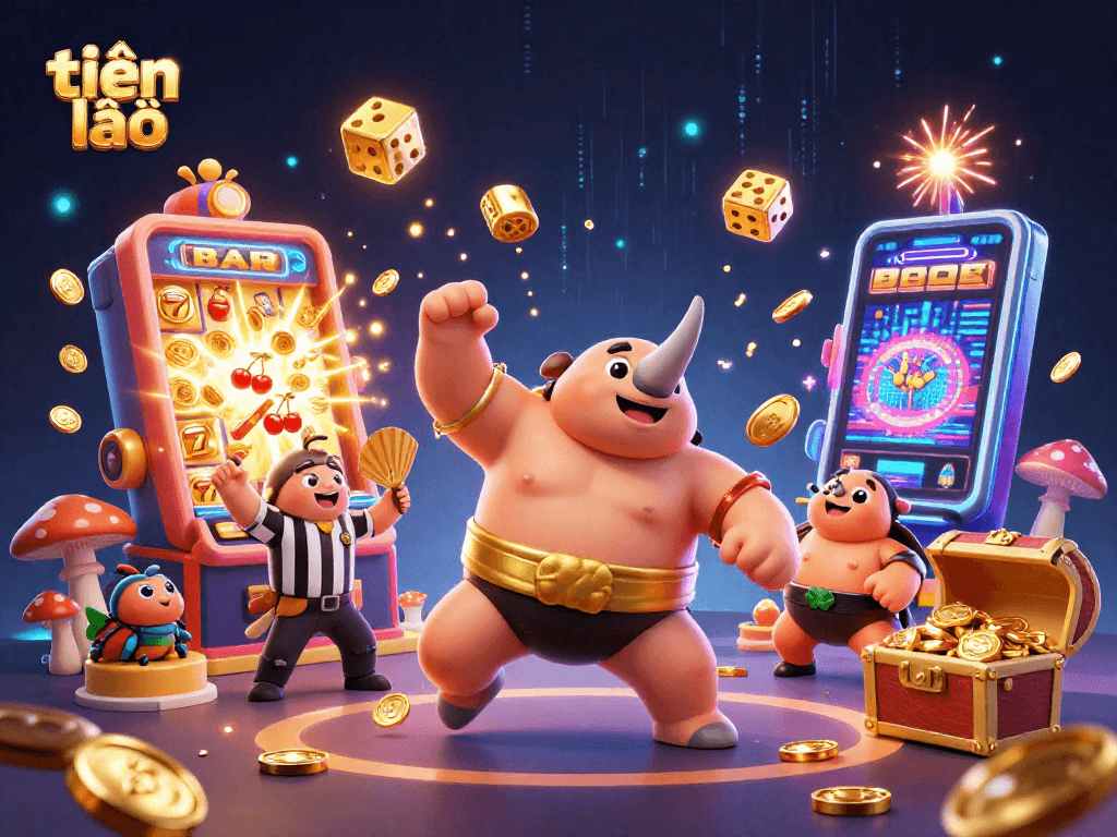 Experience triumph in tiến lên with a vibrant gambling scene showcasing a sumo beetle champion amidst golden coins.
