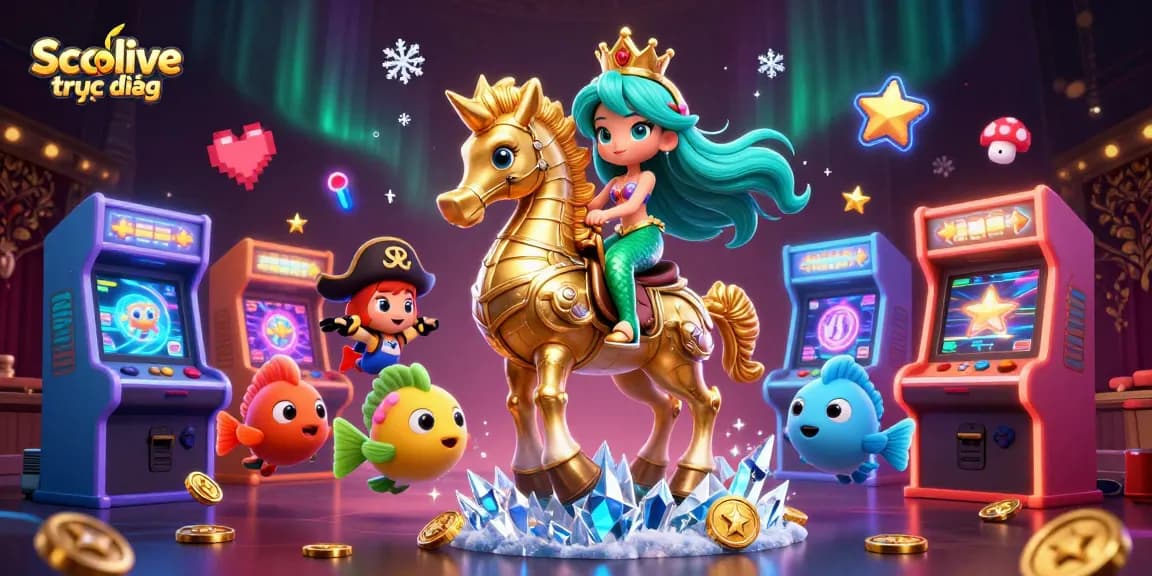 Socolive trực tiếp features a colorful 3D scene with a mermaid and seahorse in a vibrant casino world.