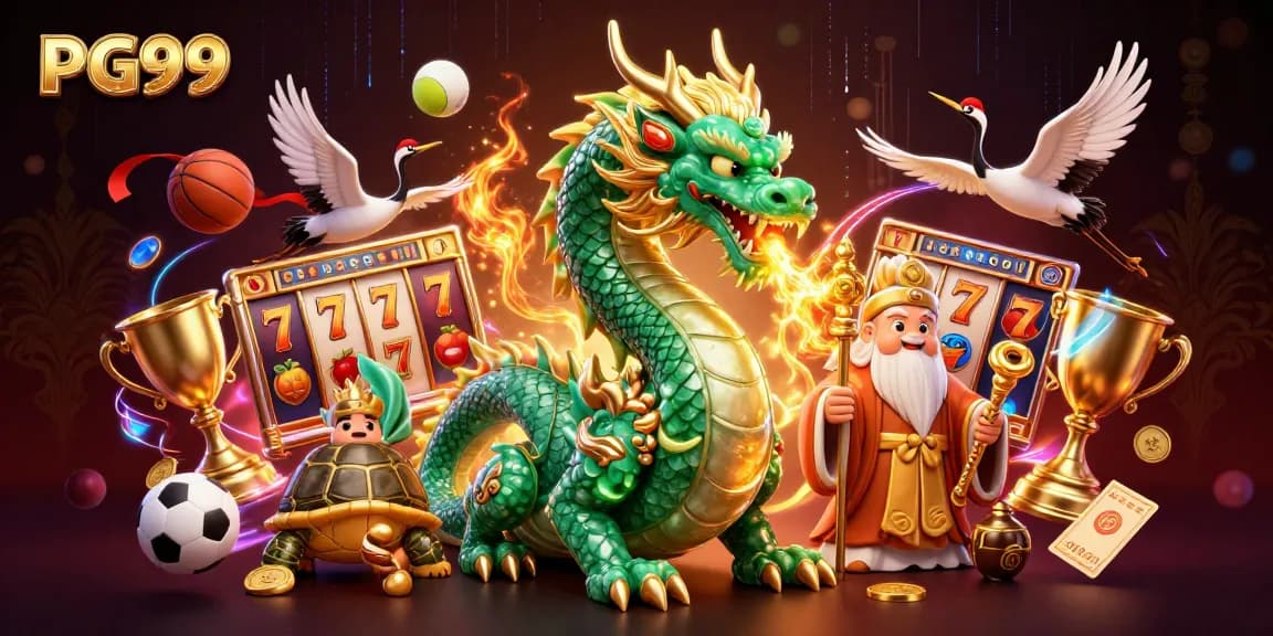 Experience the thrill of PG99 with a vibrant casino-themed illustration featuring dynamic gaming elements.