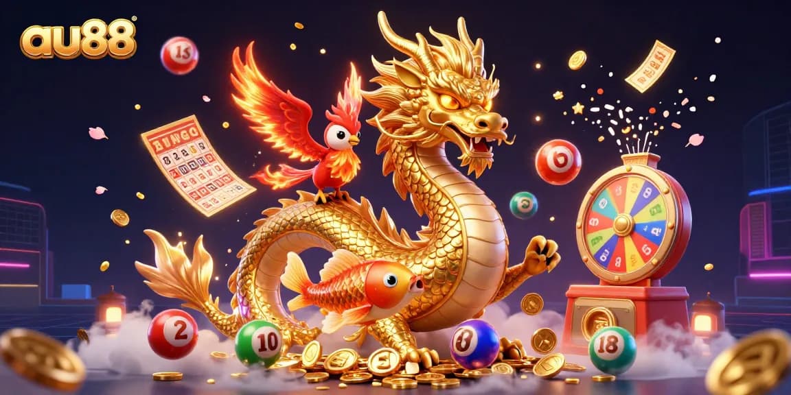 Experience thrilling gameplay at au88 with a vibrant illustration showcasing a dragon and phoenix amidst gaming elements.