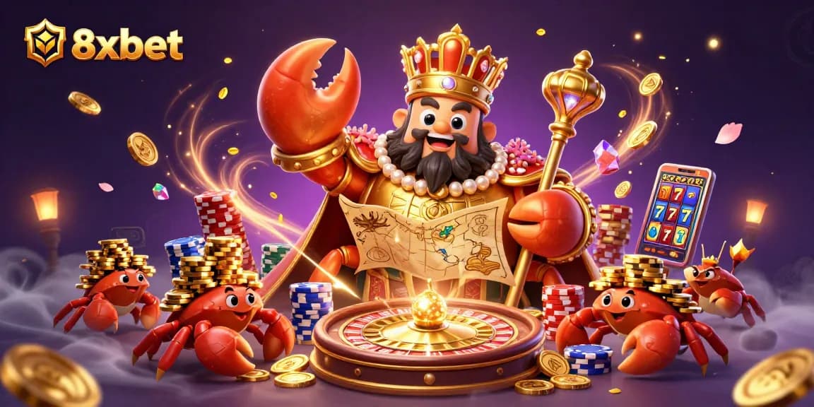 Experience the excitement of 8xbet with a golden crab emperor amidst cascading treasures and casino elements.