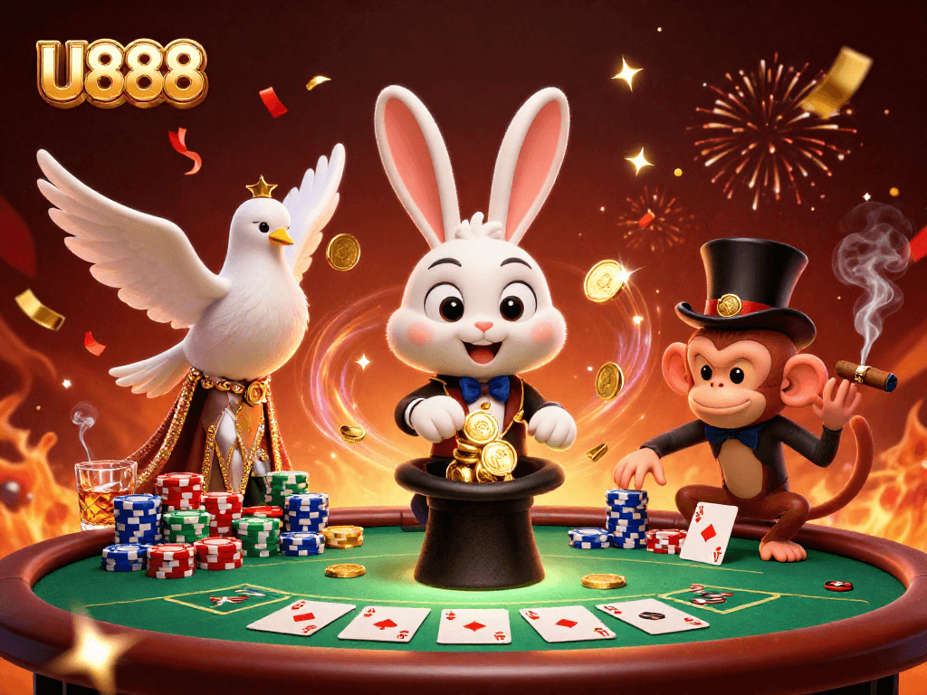 Experience the magic of U888 as a magician rabbit pulls coins, surrounded by exciting poker action.