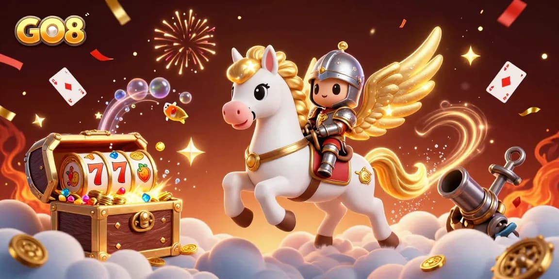 Experience the excitement of GO8 with a dazzling 3D scene filled with gold coins and casino elements.