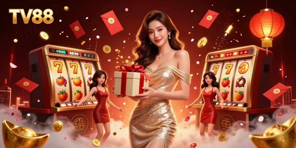 Engage with TV88's vibrant casino atmosphere featuring golden coins, festive decorations, and slot success.