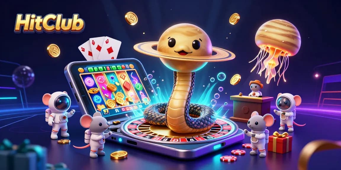 HitClub showcases an exciting 3D casino scene where gamblers bet on a roulette wheel formed by Saturn's rings amidst vibrant cosmic elements.