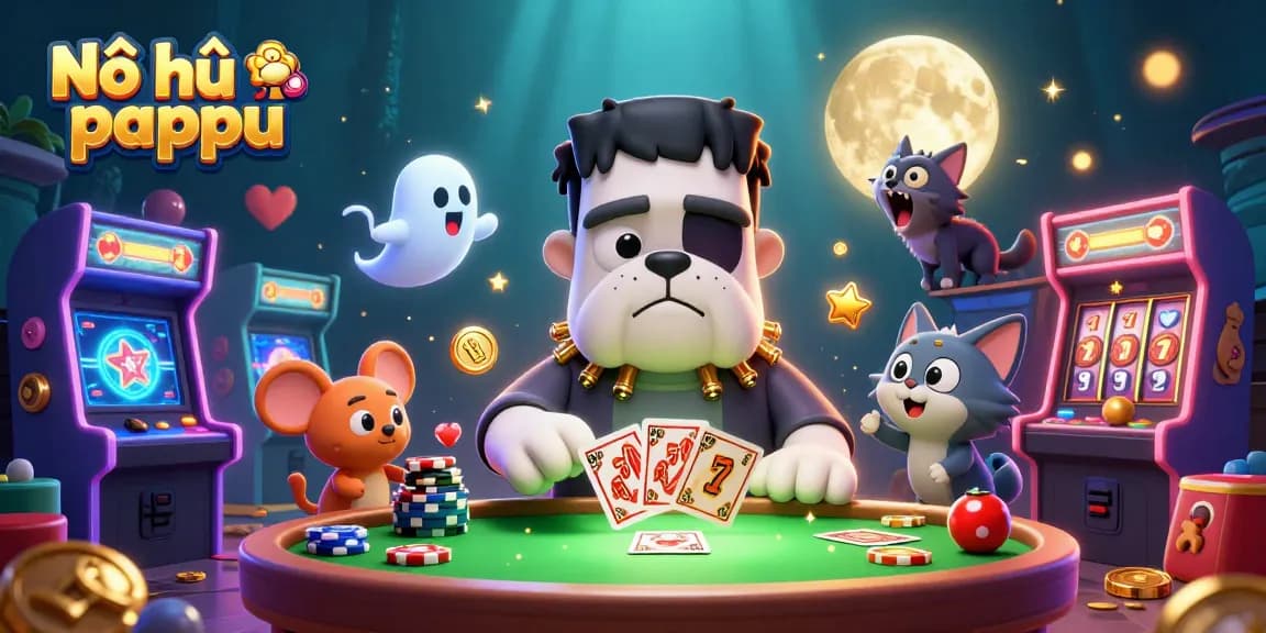 Experience Nổ hũ pappu with a Frankenstein bulldog, a werewolf kitten, and a ghost mouse at a casino table.