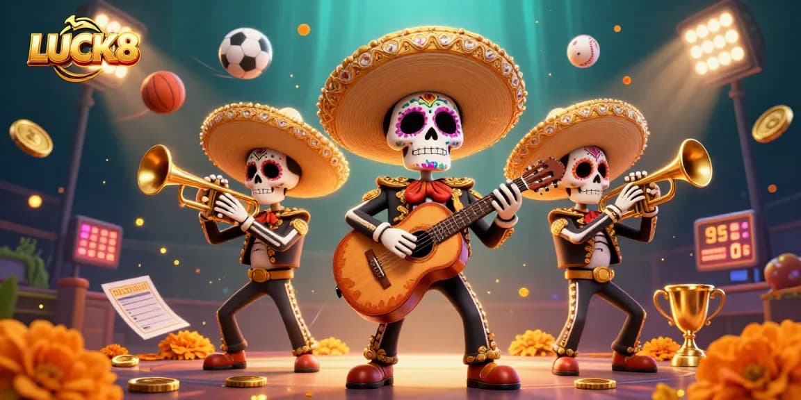Experience LUCK8 with dynamic sports betting, bright marigold petals, and lively 3D mariachi skeletons