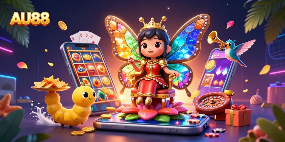 Engage with AU88 by spinning colorful slot games and winning big amidst a whimsical casino scene.
