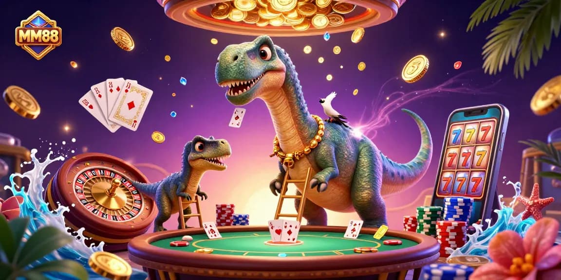 Engage in thrilling gameplay at MM88 with a whimsical brontosaurus and clever raptor in a vibrant casino scene.
