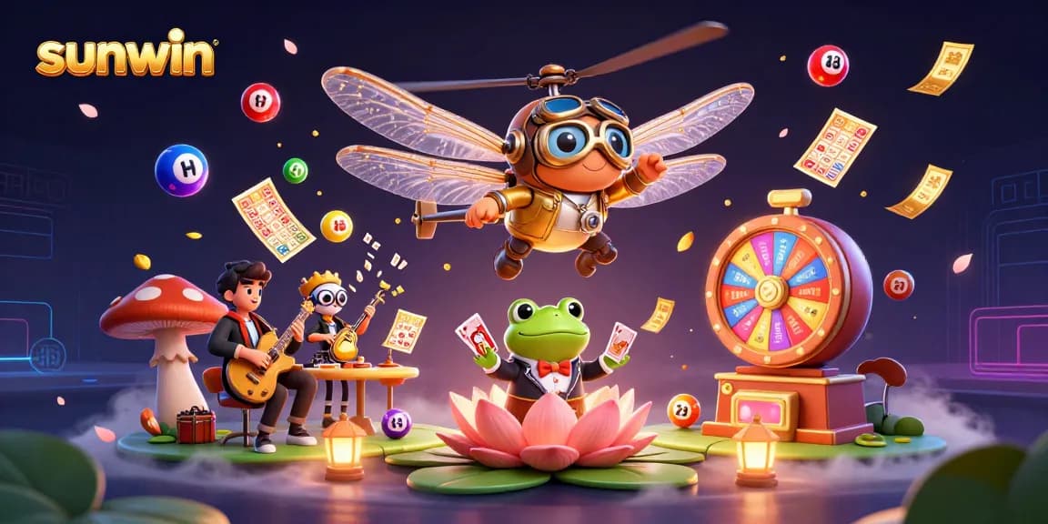 Join the sunwin casino action with a dynamic colorful scene of a dragonfly pilot and frog dealer at a lily pad casino.