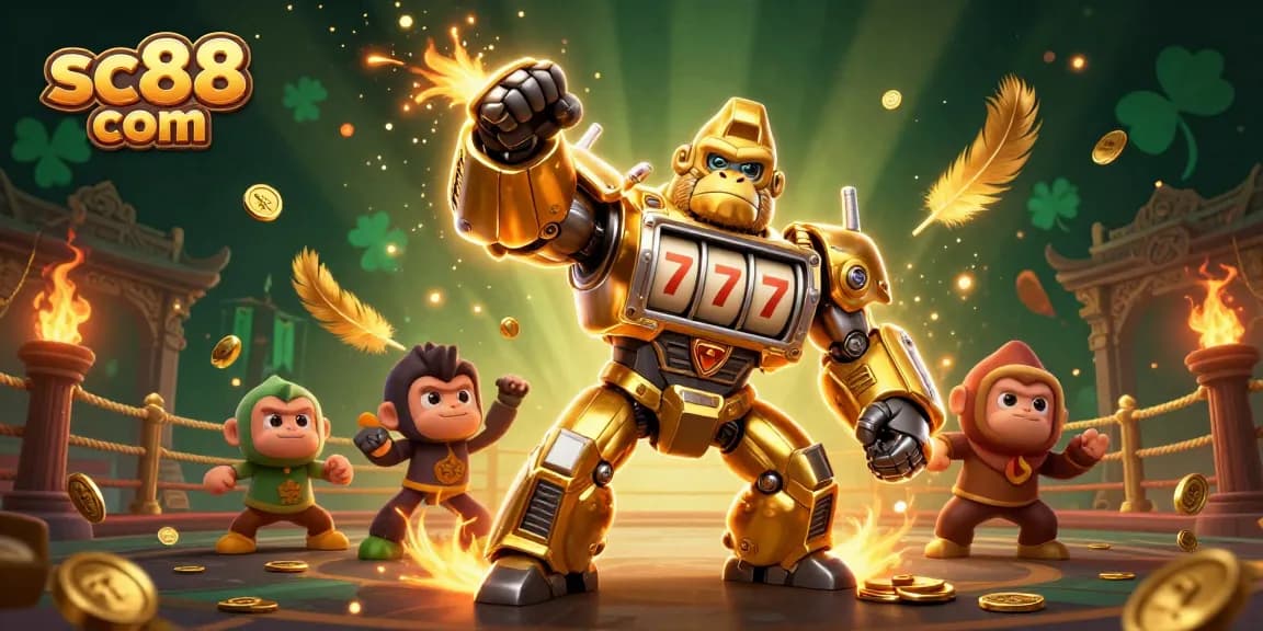 Experience thrilling gameplay at sc88 com with a dynamic illustration showing exciting casino elements and a golden gorilla mech.