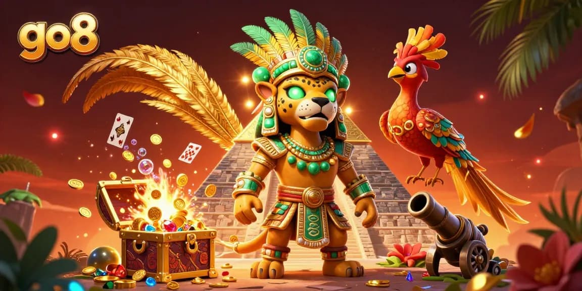 Capture the excitement of go8 with vibrant gaming elements and a Mayan priest illustration.