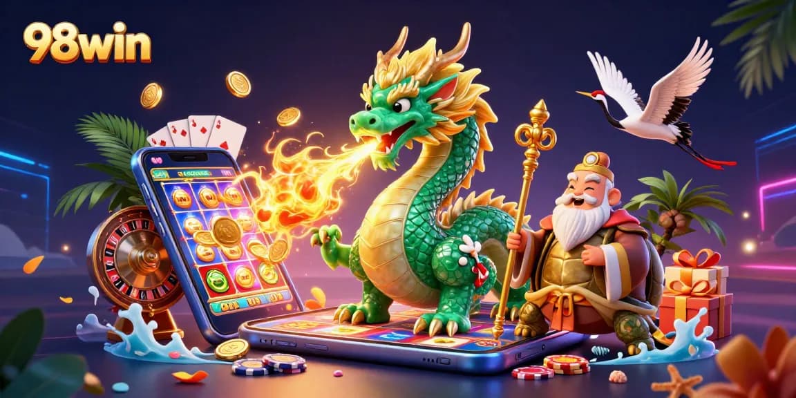 Engage with 98win's vibrant casino adventure featuring a dragon, turtle sage, and lucky cranes amidst dynamic gaming elements.