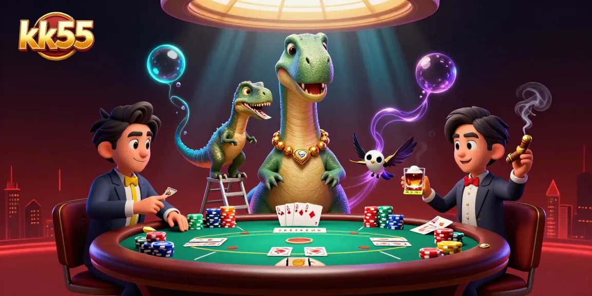 Engage with kk55's dynamic casino scene featuring a towering brontosaurus and clever raptor dealer.